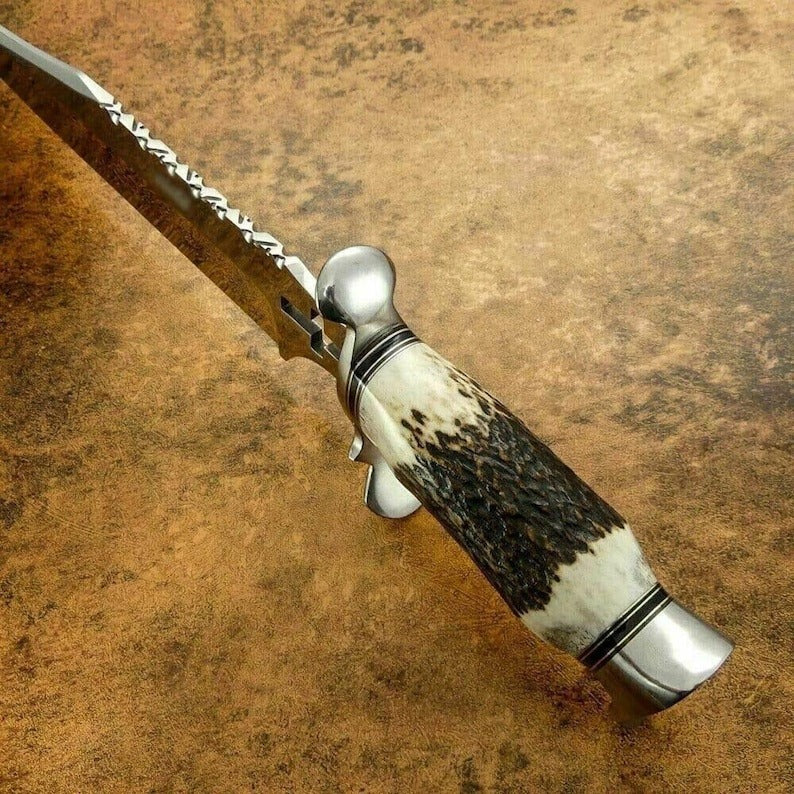 Rankų darbo didelio anglies plieno Bowie peilis – bendras ilgis 20 colių – rago rankena su sidabriniais akcentais