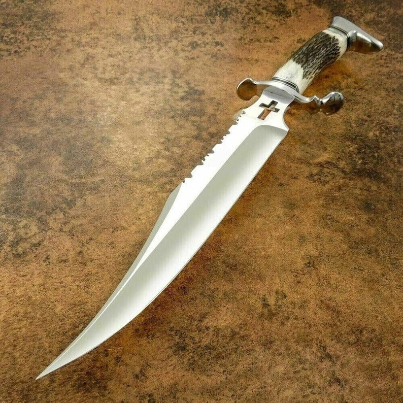 Rankų darbo didelio anglies plieno Bowie peilis – bendras ilgis 20 colių – rago rankena su sidabriniais akcentais