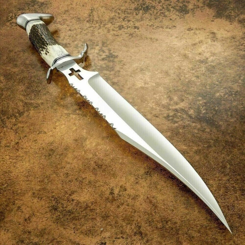 Rankų darbo didelio anglies plieno Bowie peilis – bendras ilgis 20 colių – rago rankena su sidabriniais akcentais